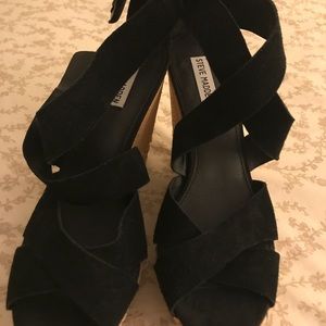 Steve Madden rope wedge, black velvet strap, sz 9